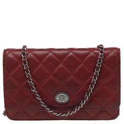 Chanel Red Quilted Caviar Leather CC Classic Flap Wallet on Chain  