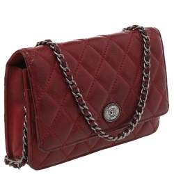 Chanel Red Quilted Caviar Leather CC Classic Flap Wallet on Chain  