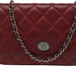 Chanel Red Quilted Caviar Leather CC Classic Flap Wallet on Chain  