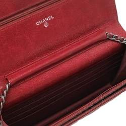 Chanel Red Quilted Caviar Leather CC Classic Flap Wallet on Chain  