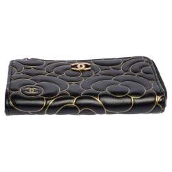 Chanel Black Leather Camellia Zip Around Compact Wallet