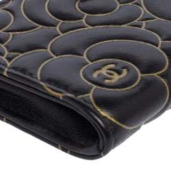 Chanel Black Leather Camellia Zip Around Compact Wallet