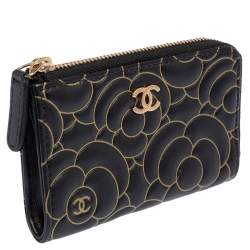 Chanel Black Leather Camellia Zip Around Compact Wallet