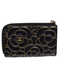 Chanel Black Leather Camellia Zip Around Compact Wallet