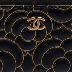 Chanel Black Leather Camellia Zip Around Compact Wallet