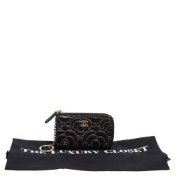 Chanel Black Leather Camellia Zip Around Compact Wallet