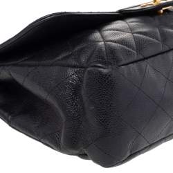 Pre Owned Chanel Black Quilted Caviar Leather Jumbo Classic Single Flap Bag