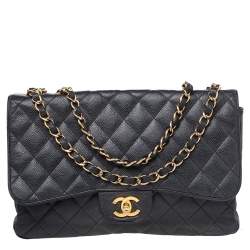 Pre Owned Chanel Black Quilted Caviar Leather Jumbo Classic Single Flap Bag