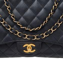Pre Owned Chanel Black Quilted Caviar Leather Jumbo Classic Single Flap Bag