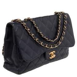 Pre Owned Chanel Black Quilted Caviar Leather Jumbo Classic Single Flap Bag