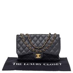 Pre Owned Chanel Black Quilted Caviar Leather Jumbo Classic Single Flap Bag