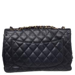 Pre Owned Chanel Black Quilted Caviar Leather Jumbo Classic Single Flap Bag