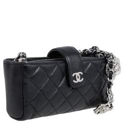 Pre Owned Chanel Black Quilted Leather Classic Phone Holder Chain Clutch
