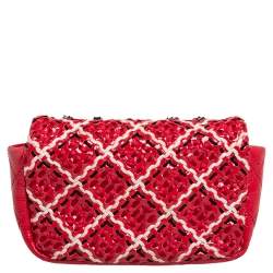 Chanel Red Patent Leather Woven Fabric Diamond Stitch CC Flap Shoulder Bag