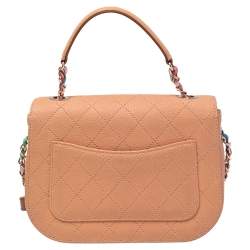 Pre Owned Chanel Peach Quilted Caviar Leather Small Thread Around Flap Bag