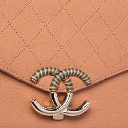 Pre Owned Chanel Peach Quilted Caviar Leather Small Thread Around Flap Bag