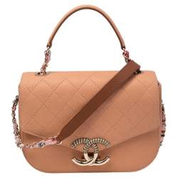Pre Owned Chanel Peach Quilted Caviar Leather Small Thread Around Flap Bag