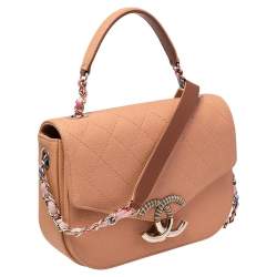 Pre Owned Chanel Peach Quilted Caviar Leather Small Thread Around Flap Bag