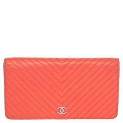 Pre Owned Chanel Orange Chevron Quilted Leather CC Long Wallet