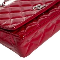 Chanel Red Quilted Patent Leather CC Wallet on Chain