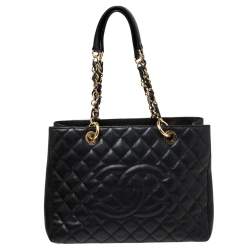 Pre Owned حقيبة يد توتس شانيل شوبينغ جلد كافيار مبطن أسود كبيرة