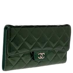 Chanel Green Quilted Patent Leather Classic L Flap Wallet