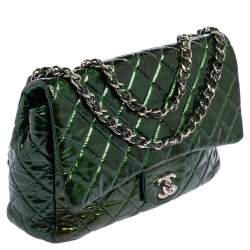 Pre Owned حقيبة شانيل جامبو كلاسيك جلد مبطن أخضر لامع بقلاب 