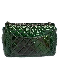 Pre Owned حقيبة شانيل جامبو كلاسيك جلد مبطن أخضر لامع بقلاب 