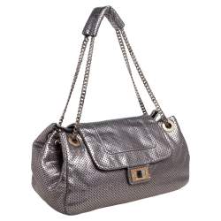 Pre Owned حقيبة شانيل أكورديون دريل جلد رصاصي ميتاليك مثقب كبيرة بقلاب كلاسيكي 