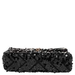 Pre Owned Chanel Black Canvas And Sequins Medium Classic Flap Bag