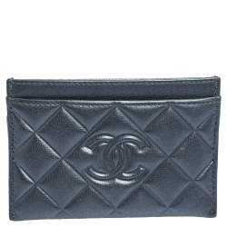 CHANEL Card Holder ID Wallet Metallic Gunmetal Quilted Leather Case Silver  CC