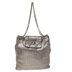 Chanel Silver Perforated Leather Large Drill Tote Bag Chanel