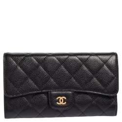 Pre Owned Chanel Black Quilted Caviar Leather Classic Flap Wallet