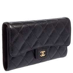 Pre Owned Chanel Black Quilted Caviar Leather Classic Flap Wallet