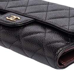 Pre Owned Chanel Black Quilted Caviar Leather Classic Flap Wallet