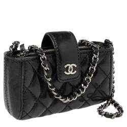 Pre Owned Chanel Black Quilted Leather Mini Phone Holder Chain Clutch