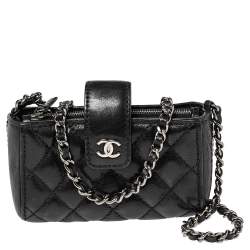 Pre Owned Chanel Black Quilted Leather Mini Phone Holder Chain Clutch