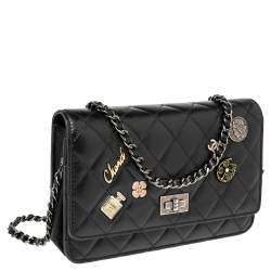 Chanel Black Aged Quilted Leather Lucky Charms 2.55 Reissue Wallet on Chain