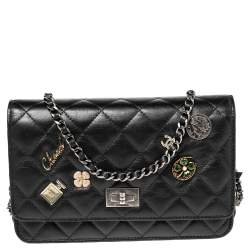 Chanel Black Aged Quilted Leather Lucky Charms 2.55 Reissue Wallet on Chain
