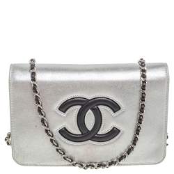 Chanel Silver/Black Leather CC Timeless Wallet On Chain