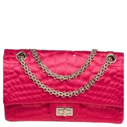 Pre Owned Chanel Fuchsia Croc Quilted Satin Reissue 225 Flap Bag