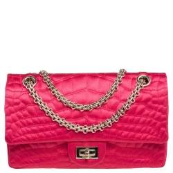 Pre Owned Chanel Fuchsia Croc Quilted Satin Reissue 225 Flap Bag