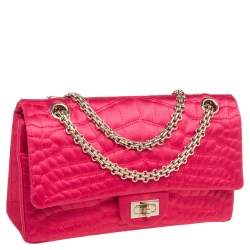 Pre Owned Chanel Fuchsia Croc Quilted Satin Reissue 225 Flap Bag