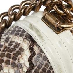 Pre Owned Chanel White/Brown Python and Leather Medium Boy Flap Bag