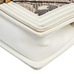 Pre Owned Chanel White/Brown Python and Leather Medium Boy Flap Bag