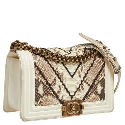 Pre Owned Chanel White/Brown Python and Leather Medium Boy Flap Bag