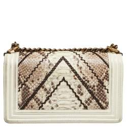 Pre Owned Chanel White/Brown Python and Leather Medium Boy Flap Bag