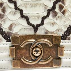 Pre Owned Chanel White/Brown Python and Leather Medium Boy Flap Bag