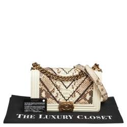 Pre Owned Chanel White/Brown Python and Leather Medium Boy Flap Bag