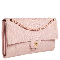 Pre Owned Chanel Pink Python Classic Flap Flat Bag